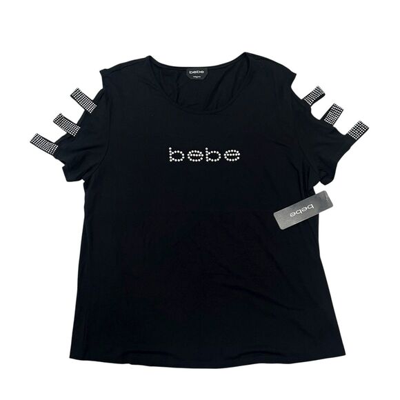 Bebe Logo Cutout Jersey Tee Blouse Black Beaded Rhinestones T-Shirt Y2K Size 1X - Picture 2 of 9